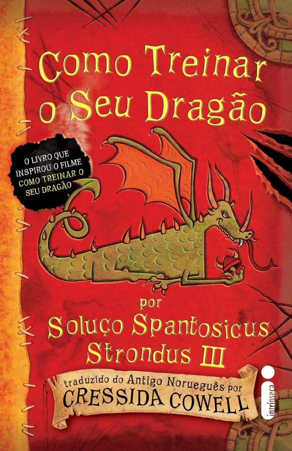 Book cover for 'Como Treinar o Seu Dragão' with a green dragon on a red background and yellow title text on the page edge.
