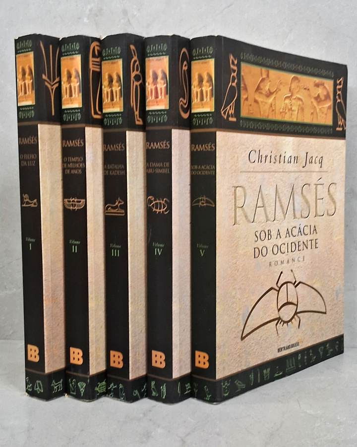Six-volume boxed set of Ramses novels by Christian Jaque, displayed upright with beige covers and black spines.