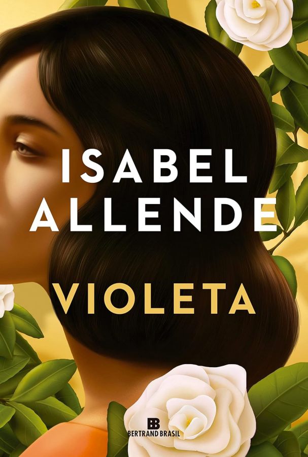Book cover for Violeta by Isabel Allende: side-profile of a woman with dark hair, surrounded by white roses on a yellow background.