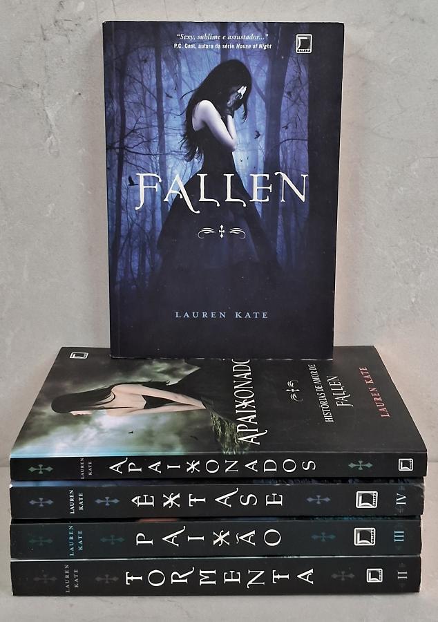 Série Fallen em 5 volumes, de Lauren Kate, com Fallen, Tormenta, Paixão, Apaixonados e Êxtase. Romance sobrenatural com anjos caídos.