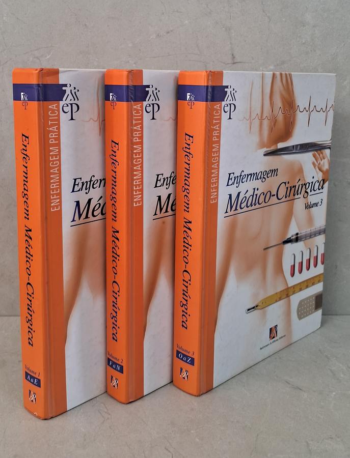 Livro Enfermagem Médico-Cirúrgica, de Janice Boundy e colaboradores, em três volumes. Obra de referência para estudo e consulta na área de enfermagem.